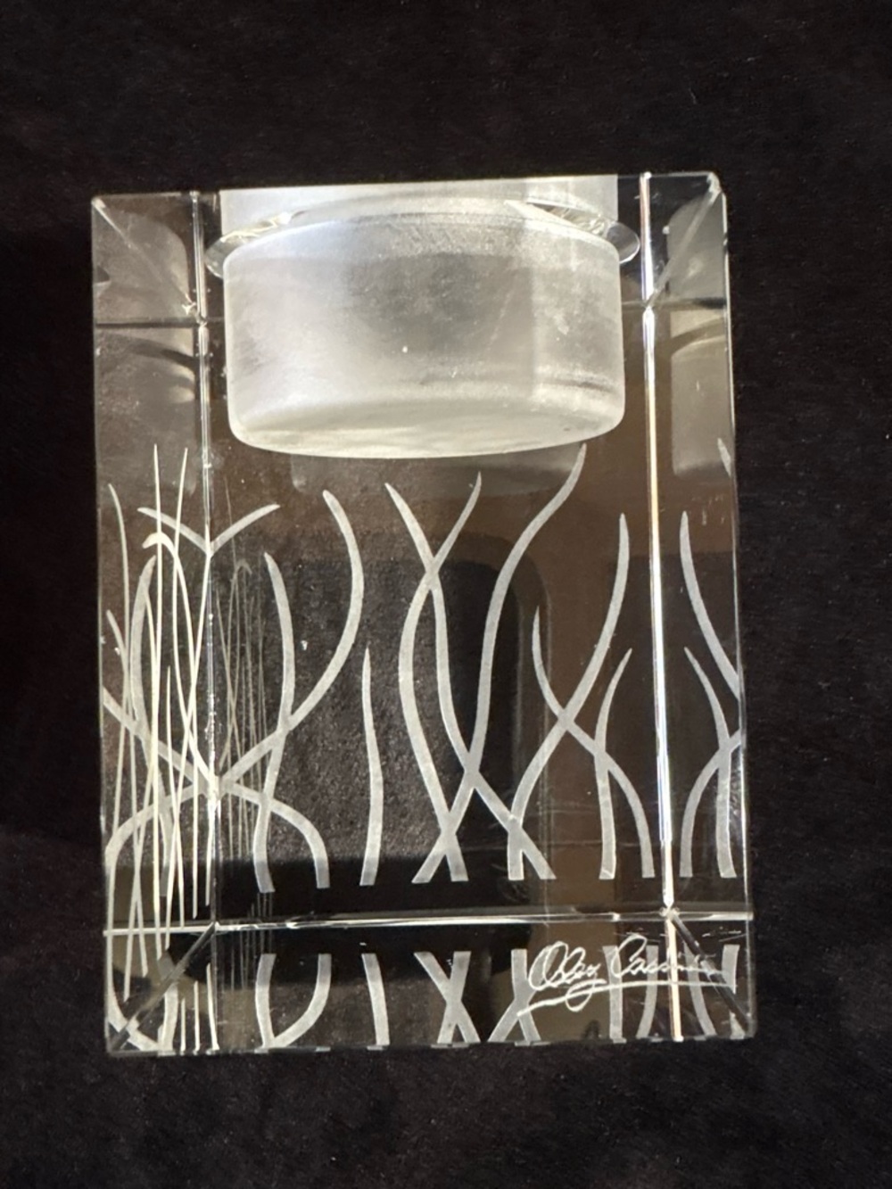 Oleg Cassini Signed Etched Grass Line Lead Crystal Votive Holder MCM Art VGUC